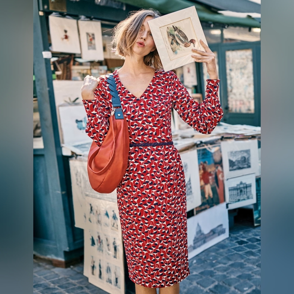 BODEN Hannah Red Floral Midi Dress V-neck Poinsettia Crocus Size 10L